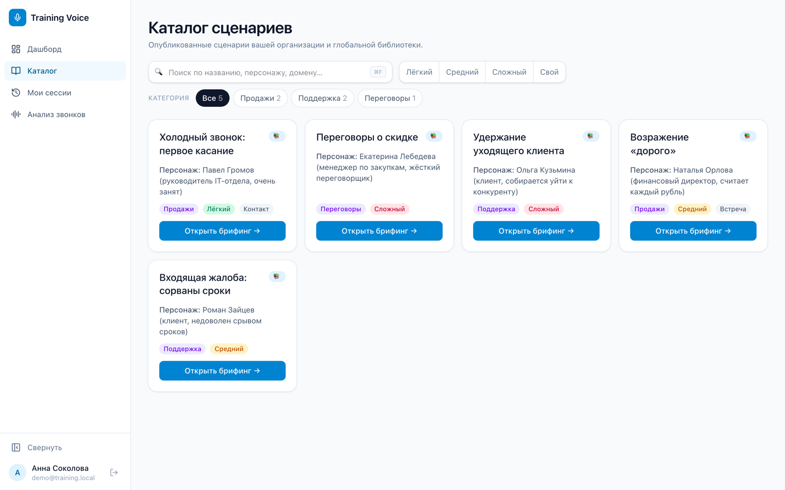 Каталог сценариев тренировок: роль, персонаж, сложность и категория
